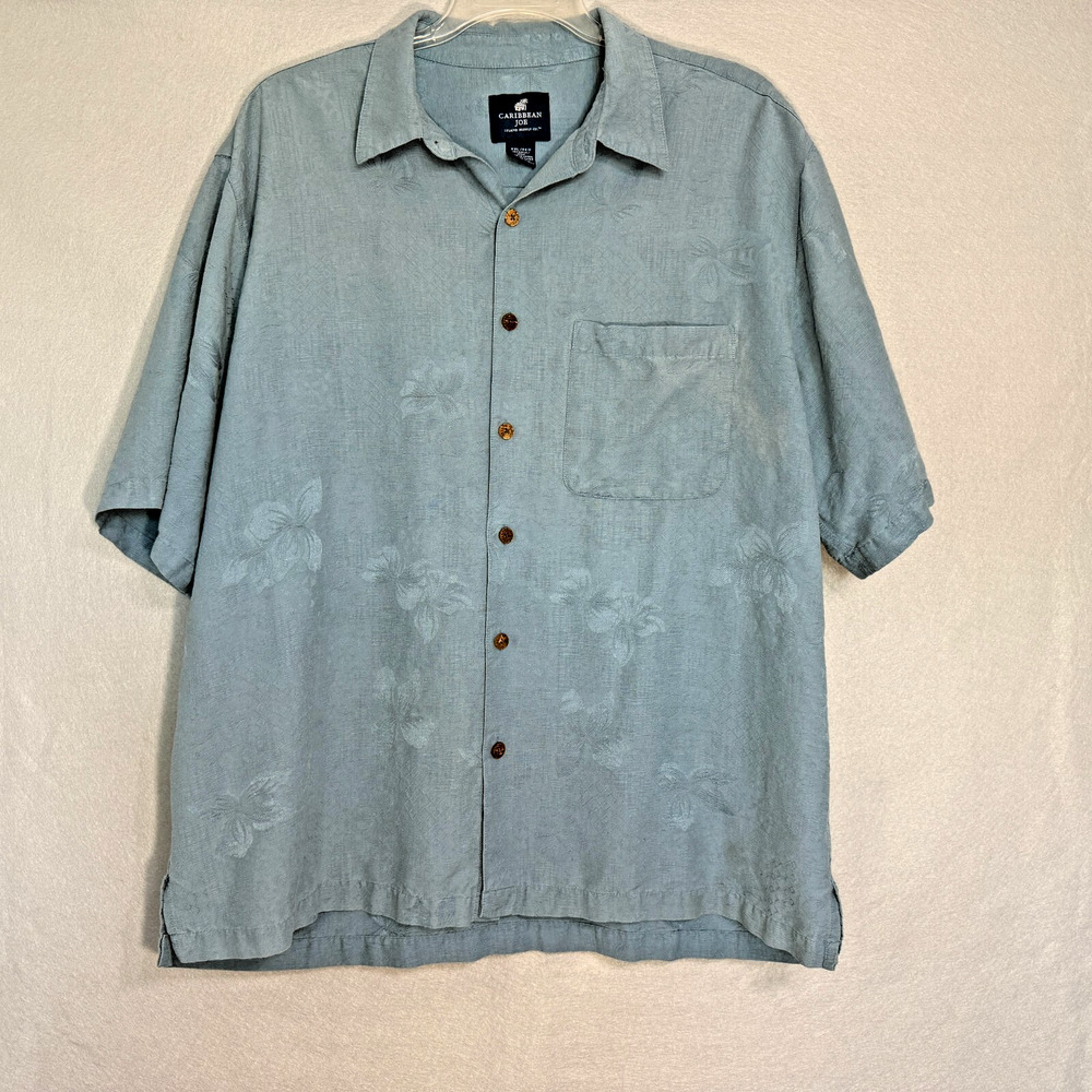 Caribbean Joe Mens Silk Shirt Size XXL Blue Camp Shirt Button Up Floral‎ Pattern